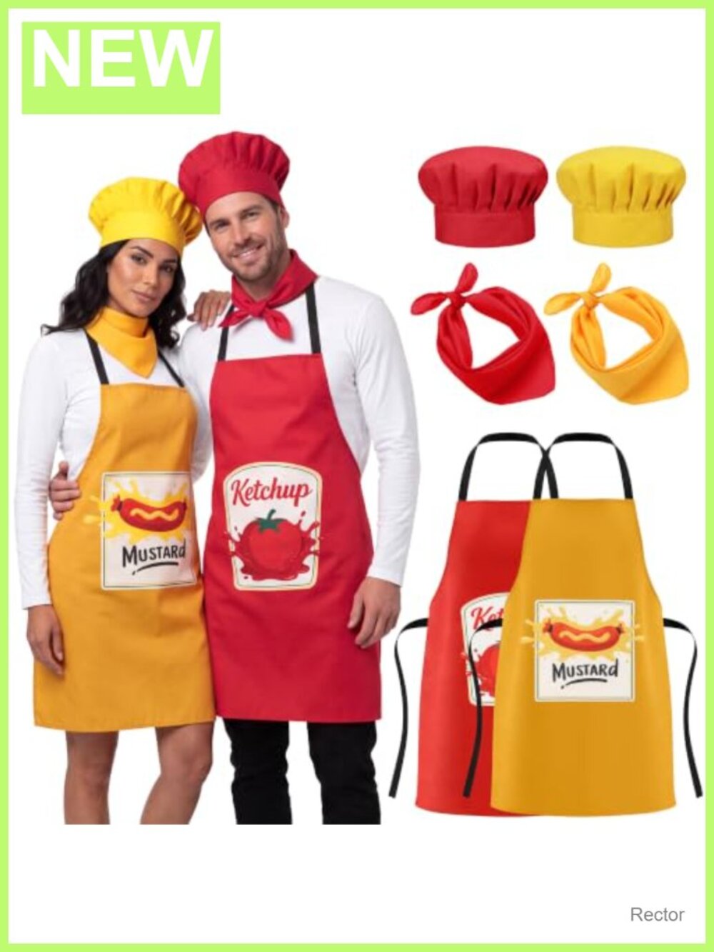 6PC Halloween Couples Costume Set Ketchup Mustard Cosplay Apron Hat Scarf